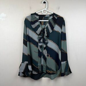 Ann Taylor blue and green chain print blouse with ruffles and buttons Size M